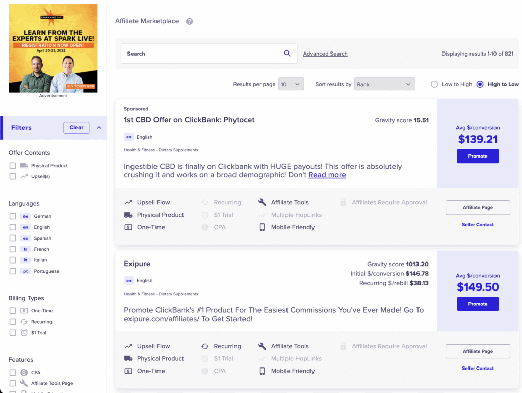 ClickBank marketplace - health and fitness offers