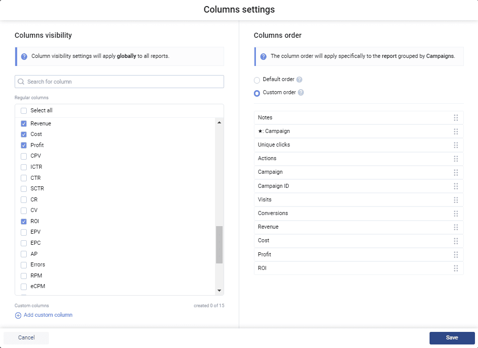 Custom columns settings in Voluum affiliate marketing tracker